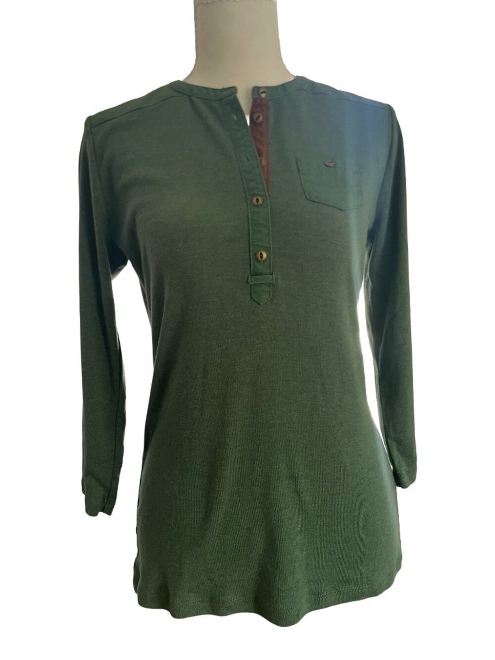 Lauren Ralph Lauren Women's Olive Green Henley Top Small Long Sleeve Cotton Pock
